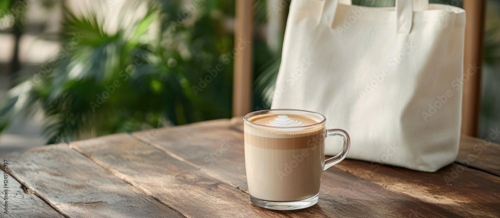 Poster hot latte coffee in a glass on a rustic wooden table with a stylish white tote bag and greenery in t