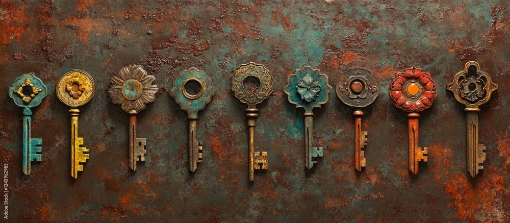 Aufkleber Vintage keys displayed on a rusty metallic background showcasing their intricate designs for a creative retro style decorative element.