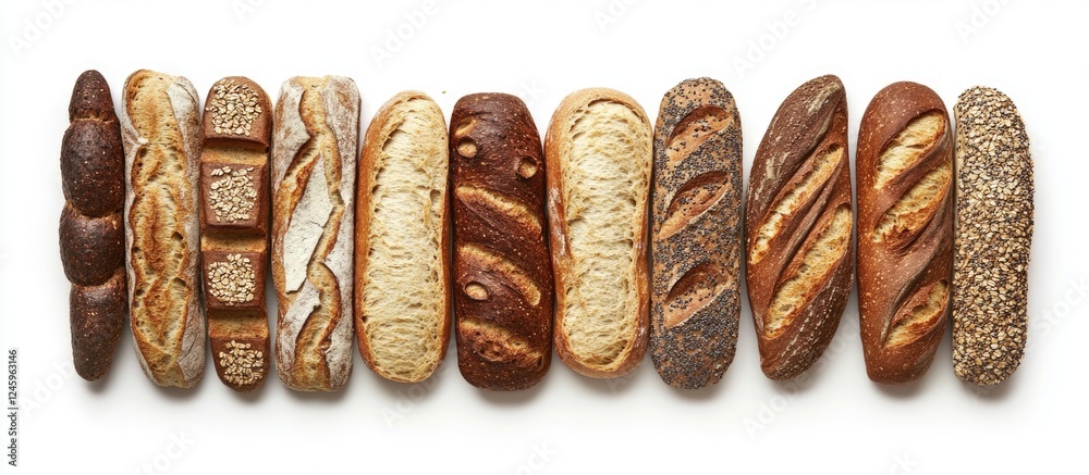 Poster Assorted Sliced Baguette Varieties on White Background Featuring Rye Wheat and Whole Grain Bread Decorative Culinary Frame with Copy Space