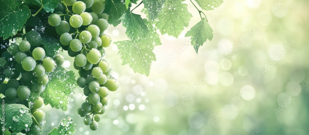 Poster Fresh green grape cluster hanging on vine with soft blurred background highlighting farming theme and natural beauty of grapes.