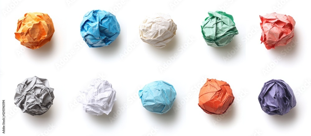 Poster colorful crumpled paper balls arranged on a clean white background showcasing a variety of textures 