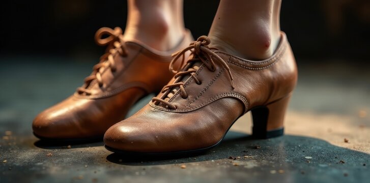 Close-up of worn dance shoes, dust & scuff marks, fabric, dance shoes, vintage