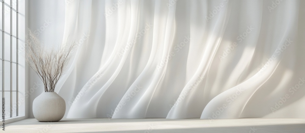 Poster Abstract wall with flowing curtain patterns and soft waves featuring a minimalist vase and natural light in a serene interior setting.