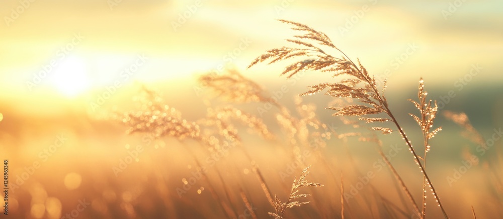 Wall mural morning dew on cogon grass illuminated by soft sunlight with a serene blurred background creating a 