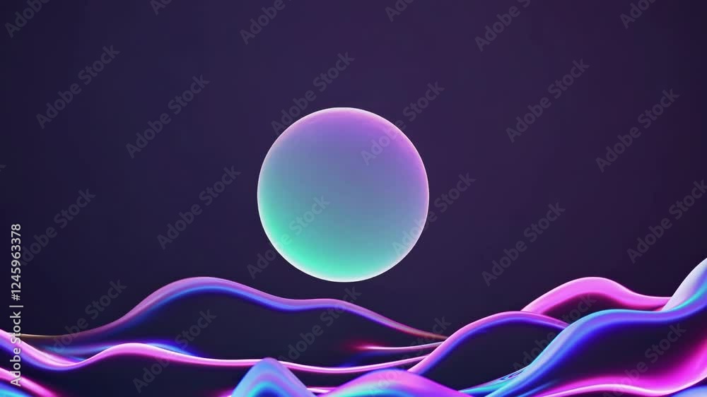 Poster a glowing orb floating above a futuristic landscape with flowing waves.