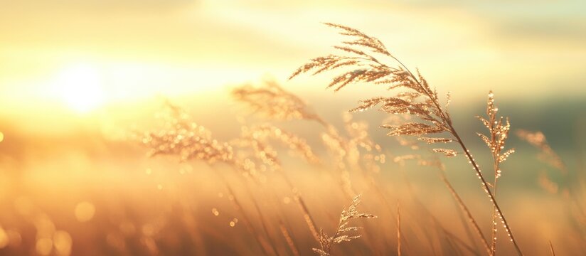 Morning dew on cogon grass illuminated by soft sunlight with a serene blurred background creating a tranquil nature scene
