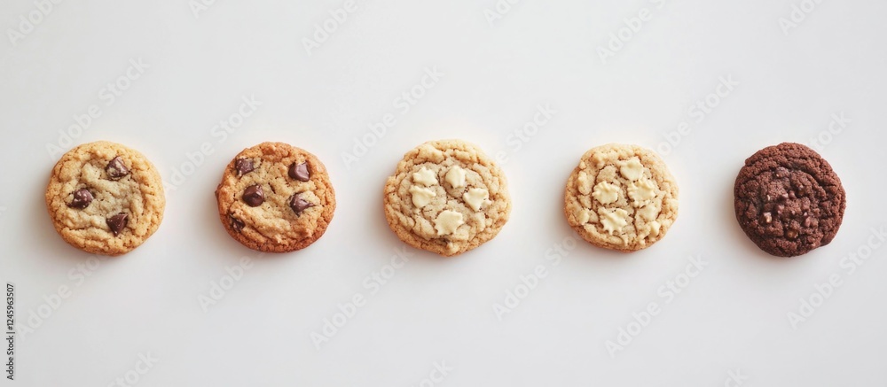 Poster variety of cookies arranged in a row on a white background showcasing different textures and flavors