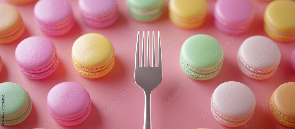 Aufkleber Vibrant macarons arranged in a circular pattern with a sleek cake fork at the center on a soft pink background