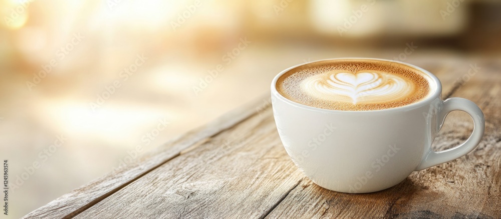 Poster cup of coffee with elegant latte art on a rustic wooden table illuminated by soft morning light