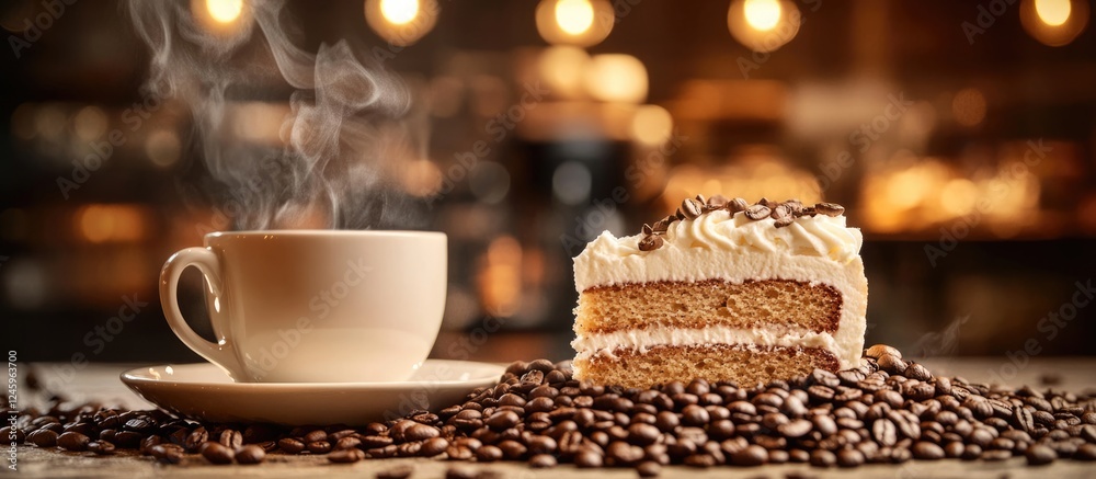 Poster coffee cup and slice of cake placed on coffee beans with a warm, inviting atmosphere and steam risin