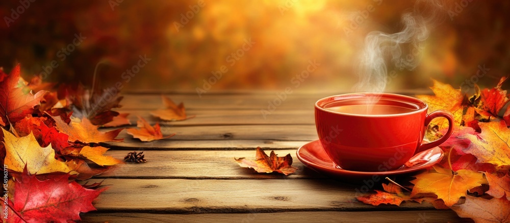 Poster steaming cup of tea surrounded by vibrant autumn leaves on a rustic wooden table with a warm atmosph