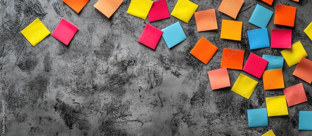 Poster Vibrant sticky notes scattered on a textured gray background with ample space for personalized text or creative content.