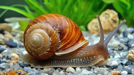 A close-up view of a brown snail crawling slowly on a pebble floor with green plants
