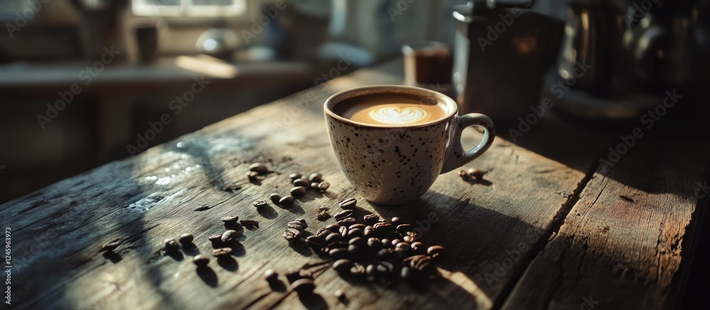 Poster Coffee cup on rustic wooden table with coffee beans in soft morning light creating a warm and inviting atmosphere.