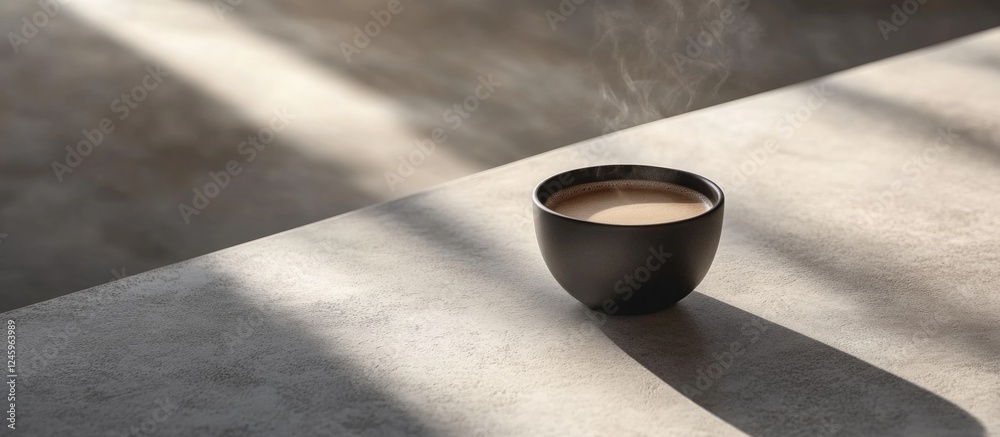 Poster coffee cup on a textured cement table casting shadows and steam showcasing a warm and inviting atmos