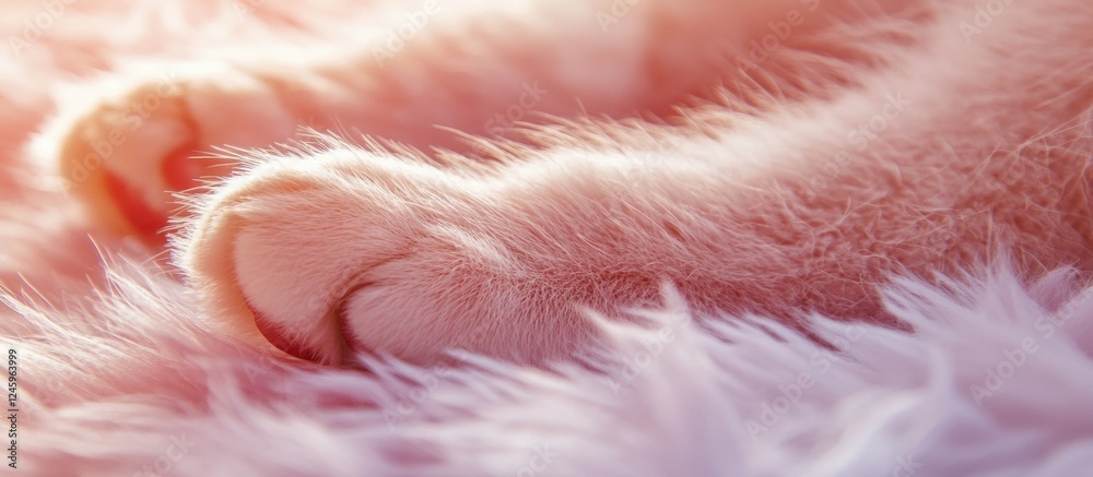 Poster Soft close-up of a cute cat's paw resting on fluffy texture with gentle lighting highlighting its delicate features and peaceful vibe.