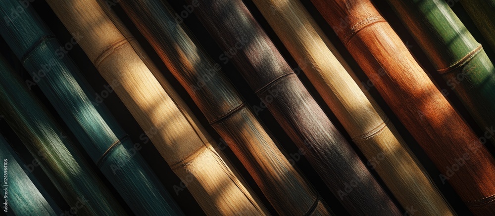 Fototapete Bamboo slats displaying a beautiful composition of color and texture in a dynamic arrangement with light and shadows.