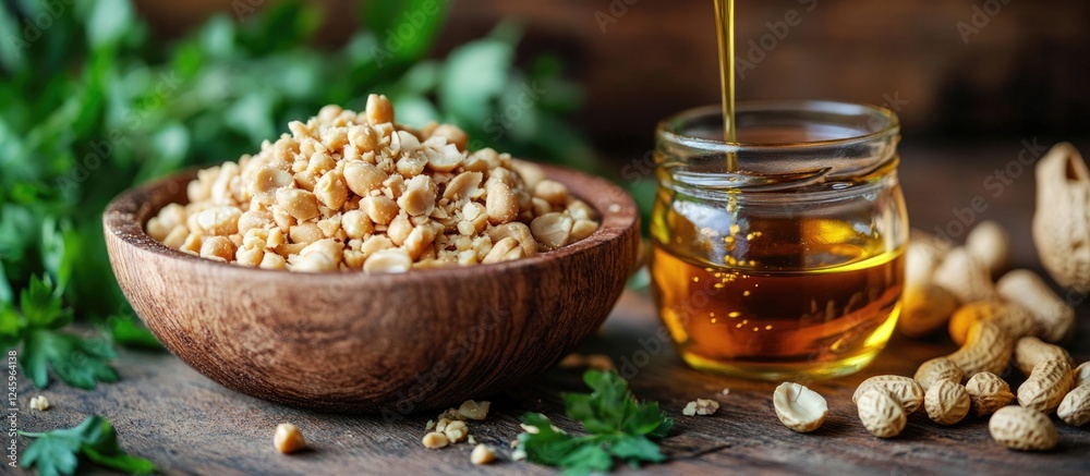 Poster peanuts and peanut oil in a rustic setting highlighting healthy condiments and dietary nutrition for