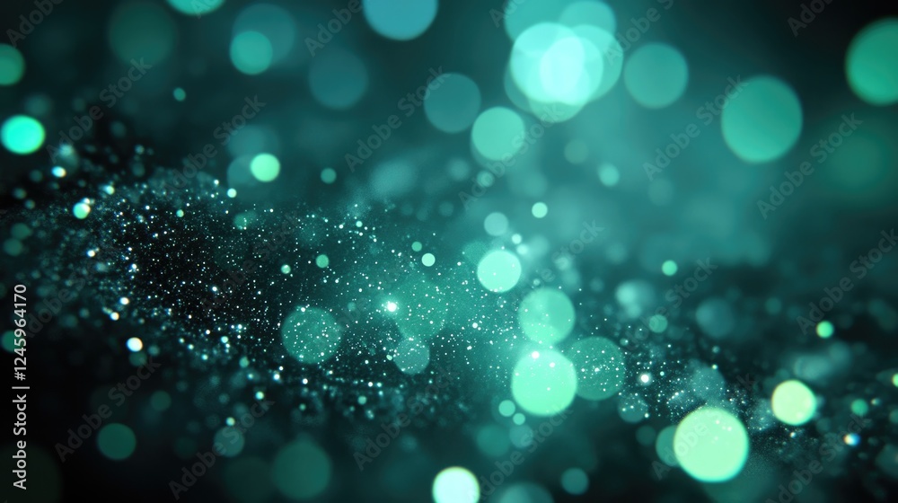 Poster Abstract green bokeh texture with sparkling particles creating a dreamy background ideal for text overlays and creative designs.