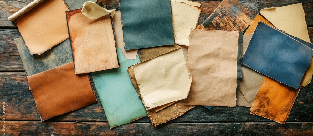 Poster grunge style note papers assortment on rustic wooden background for creative projects and design ins