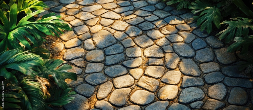 Aufkleber curved cobblestone pathway surrounded by lush greenery and dynamic sunlight creating a serene outdoo