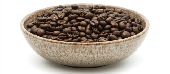 Fototapeta premium Coffee beans in a rustic bowl isolated on a white background showcasing their rich texture and color. Perfect for coffee-related themes.