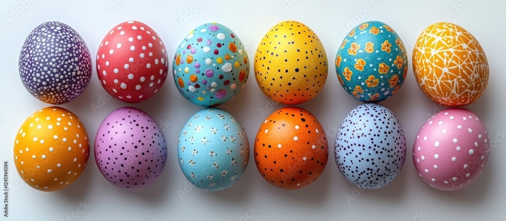 Poster colorful easter eggs in various patterns arranged on a white background celebrating springtime and f