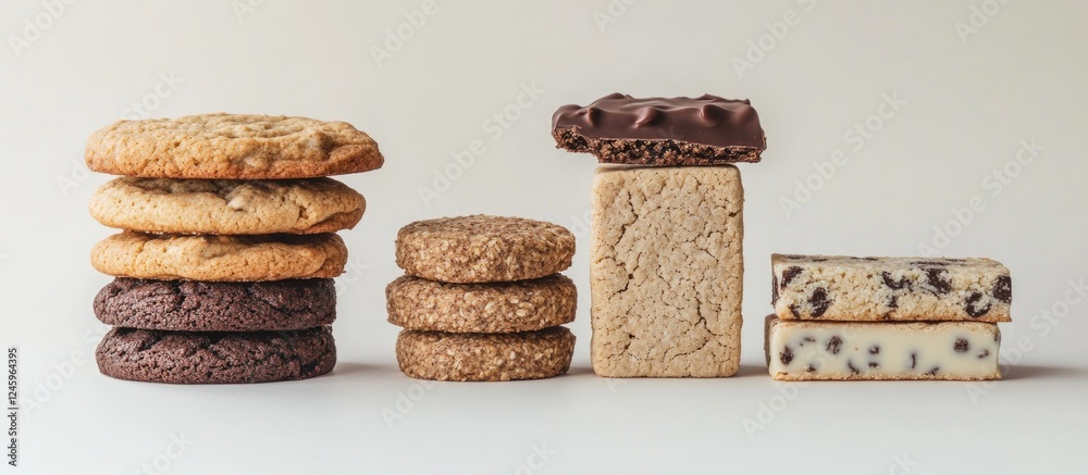 Poster variety of assorted cookies and dessert bars arranged on a neutral background showcasing textures an