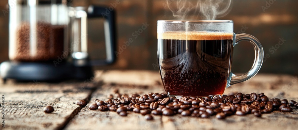 Poster steaming cup of coffee surrounded by roasted coffee beans on a rustic table with a coffee press in t