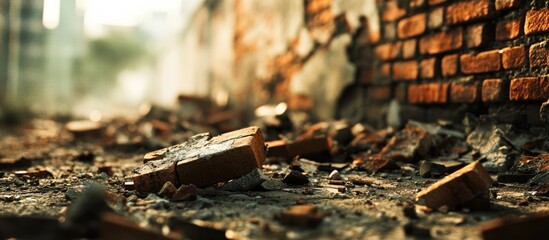 Ruined brick wall debris scattered on ground showcasing urban decay and destruction in a dramatic natural light setting.