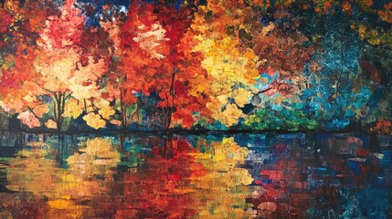 Vibrant Autumn Reflections Colorful Palette of Trees and Water Abstract Art