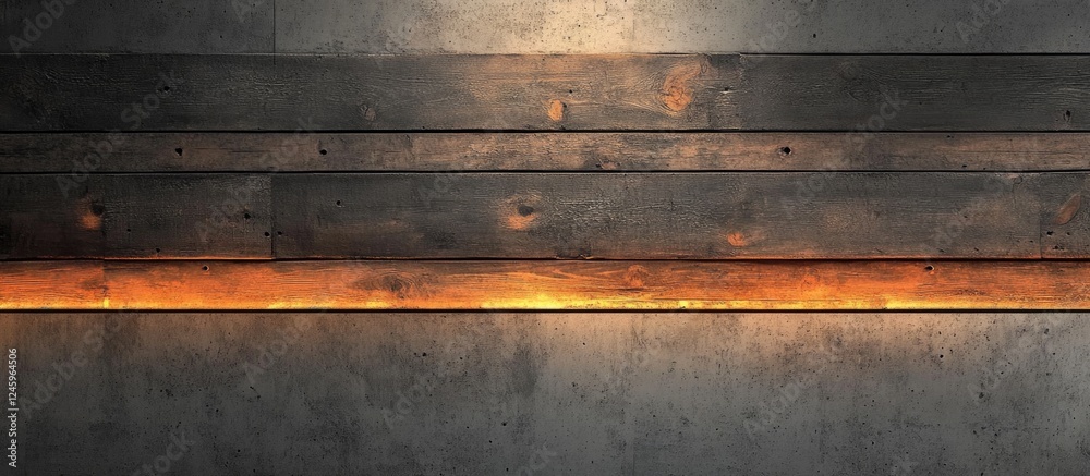 Poster concrete and wooden planks texture in loft style with warm lighting from top view
