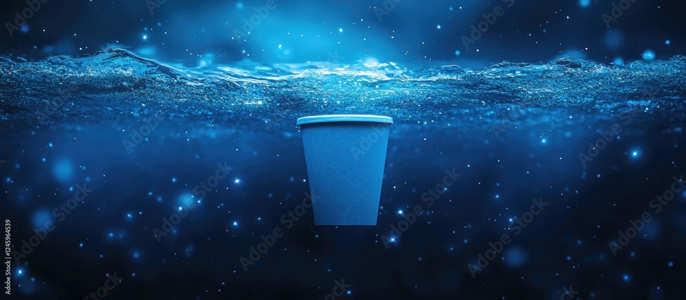 Poster Paper cup floating in a serene starry sky background with a tranquil water surface creating a dreamy atmosphere.