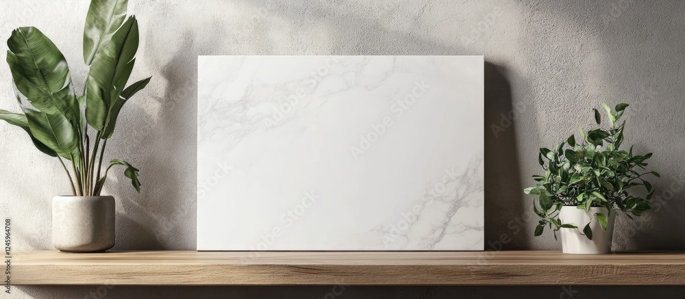 Poster modern canvas mockup on wooden shelf in stylish living room with decorative plants and blank space f