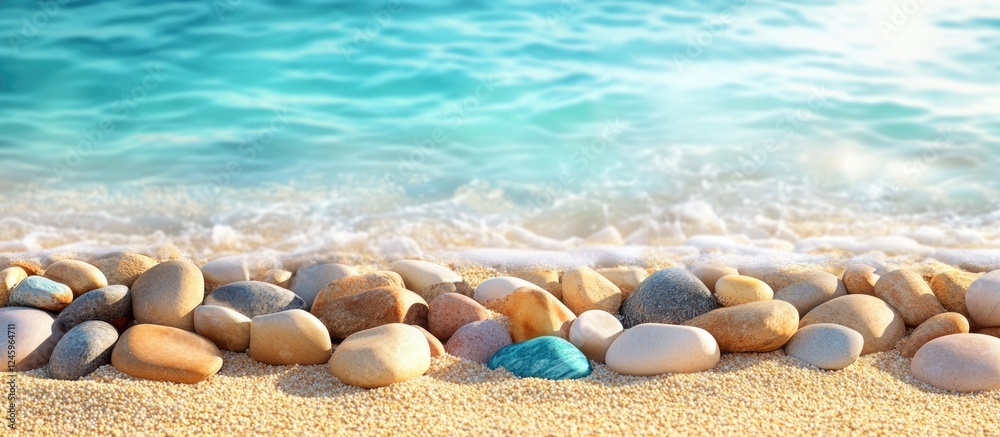 Aufkleber colorful pebbles on a sandy beach with turquoise water creating a serene coastal landscape and ample