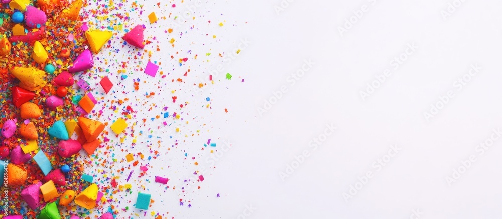 Aufkleber vibrant party decorations and confetti on a white background for celebrating birthdays with blank sp