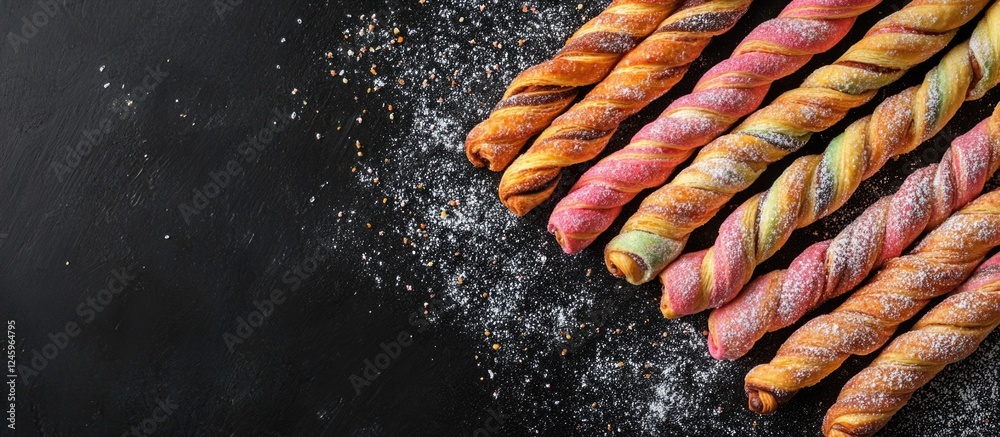 Poster Colorful twisted chimney cakes with sugar and cinnamon arranged on a black board showcasing textures and empty space for text or branding