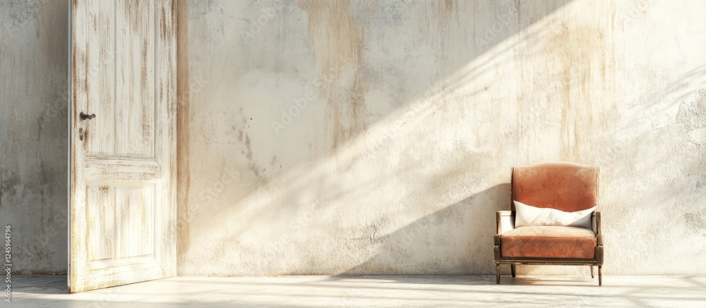 Poster minimalist interior space for promotional use with empty wall and chair for text inclusion