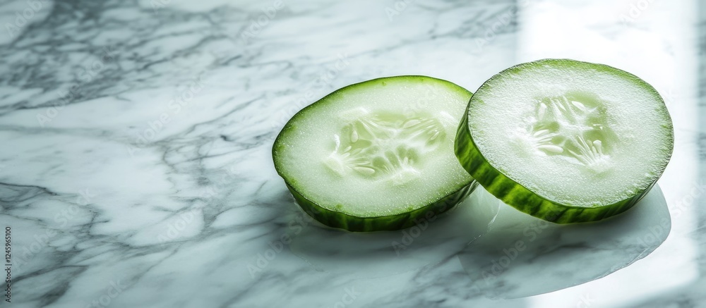 Poster fresh cucumber halves displayed on elegant marble surface with natural lighting
