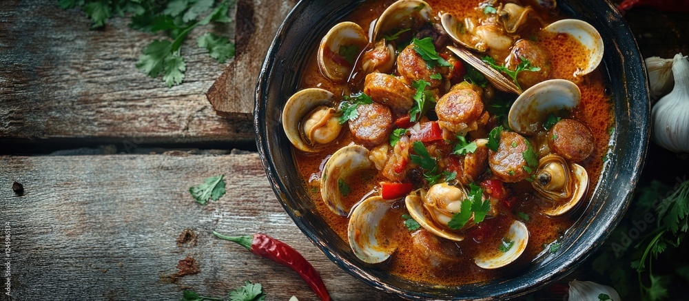 Poster curry with clams and sausage in a rustic bowl garnished with fresh herbs and spices on a wooden tabl