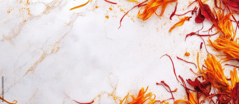 Poster Saffron threads on marble background with ample blank space for culinary text and design elements
