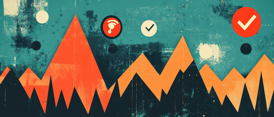 Dynamic growth curve with alert symbols, showcasing business trends and performance metrics. vibrant colors and abstract design evoke sense of progress and urgency