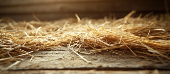 Dry straw textured background on wood surface ideal for rustic themes and agricultural designs