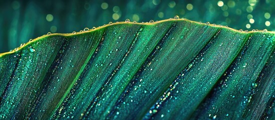 Close up of a vibrant banana leaf glistening with sparkling water droplets in a natural setting showcasing rich green hues.