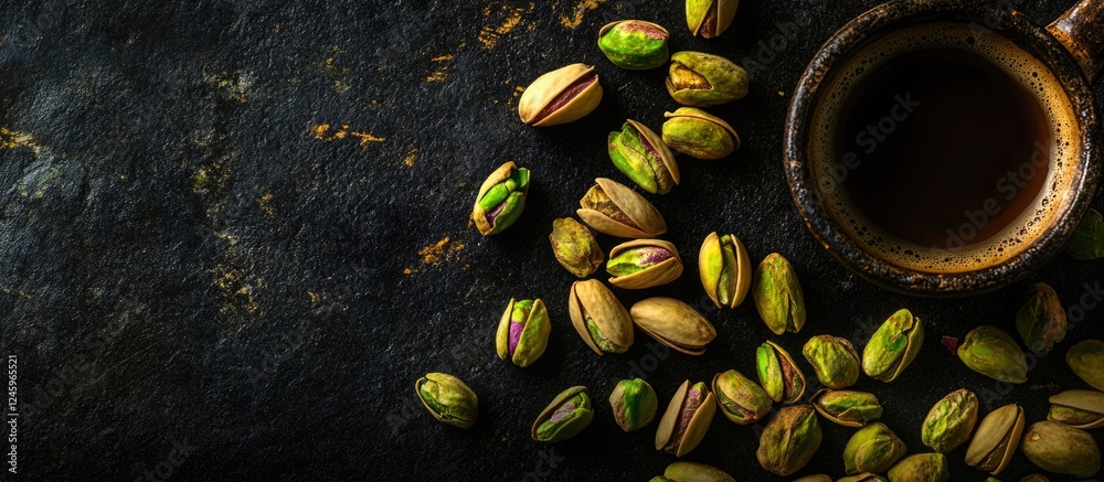 Poster Crushed pistachios and a steaming cup of coffee on a dark textured background creating a warm and inviting culinary scene
