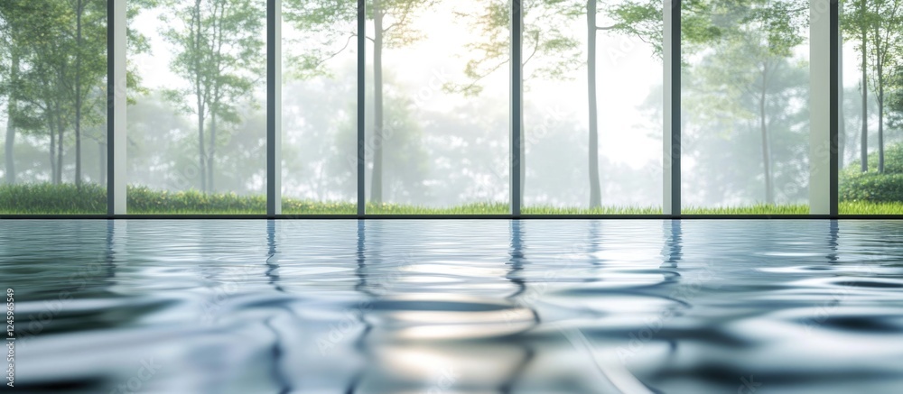 Poster serene blurred water view reflecting nature with elegant tile and cement flooring in a tranquil indo
