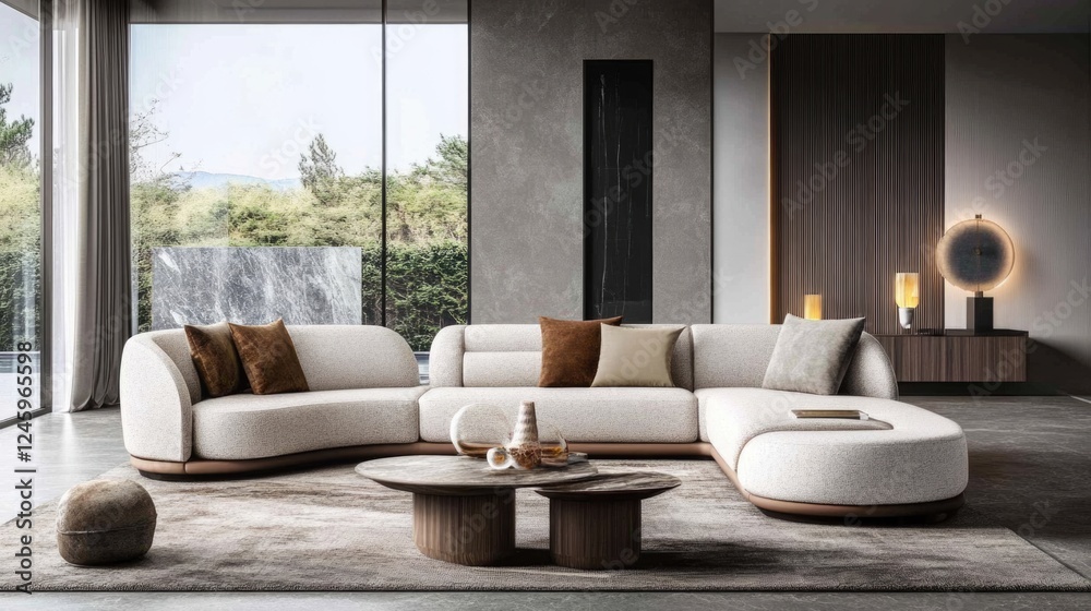 Poster modern minimalist living room featuring beige sofa with coastal accents and generous copy space for 