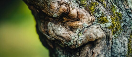 Intricate texture of aged tree bark showcasing natural patterns and moss in a serene outdoor setting
