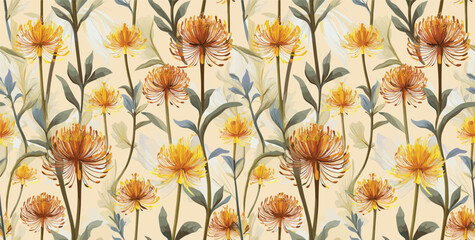 Repeating pattern of stylized yellow and orange bottle brush flowers with green leaves on a light background.