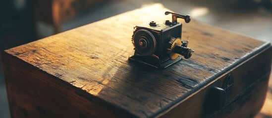Manual crank music box illuminated by natural light resting on a rustic wooden surface showcasing intricate details and vintage charm.